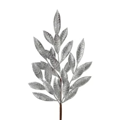 Floral^Regency Antique Silver Glittered Bay Leaf Spray