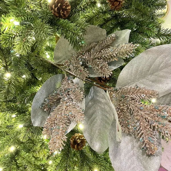 Floral^Regency Aqua Glitter Trinity Magnolia Leaf Spray