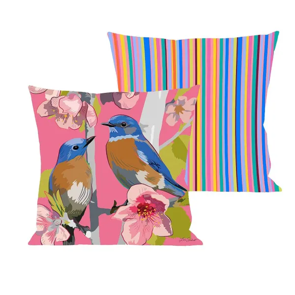 Spring^Evergreen Birdies On Cherry Blossoms Pillow Cover
