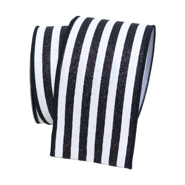 St. Patrick's Day^Farrisilk Black And White Glitter Thin Stripes Ribbon, 4" X 10Yd