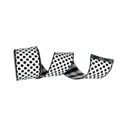 Spring Ribbon^Farrisilk Black And White Linen Polka Dot Plaid Ribbon, 4" X 10Yd
