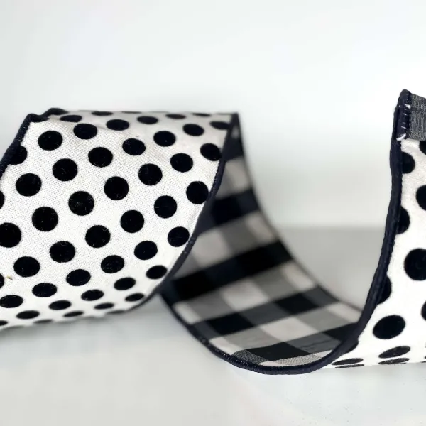 Ribbon^Farrisilk Black And White Linen Polka Dot Plaid Ribbon, 4" X 10Yd