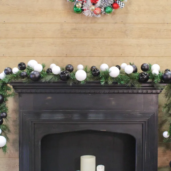 Garlands^Farrisilk Black And White Matte And Shiny Ball Garland, 10'