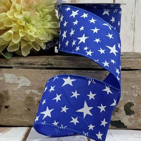 Ribbon^D. Stevens Blue Linen Stars Ribbon, 2.5" X 10Yd
