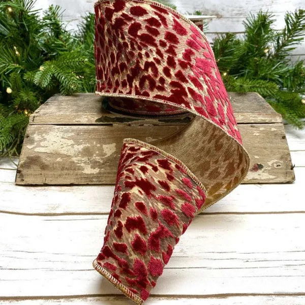 Ribbon^D. Stevens Burgundy Leopard Jacquard Ribbon, 4" X 10Yd