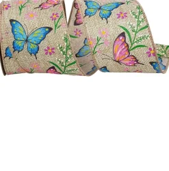 Spring Ribbon^Reliant Ribbon Butterflies And Flowers Natural Ribbon, 2.5"X10Yd