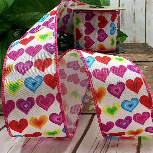 Ribbon^D. Stevens Colorful Hearts On White Ribbon With Pink Edge, 1.5" X 10Yd