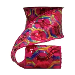 Ribbon^D. Stevens Colorful Sequins On Hot Pink Sheer Ribbon, 4" X 10Yd