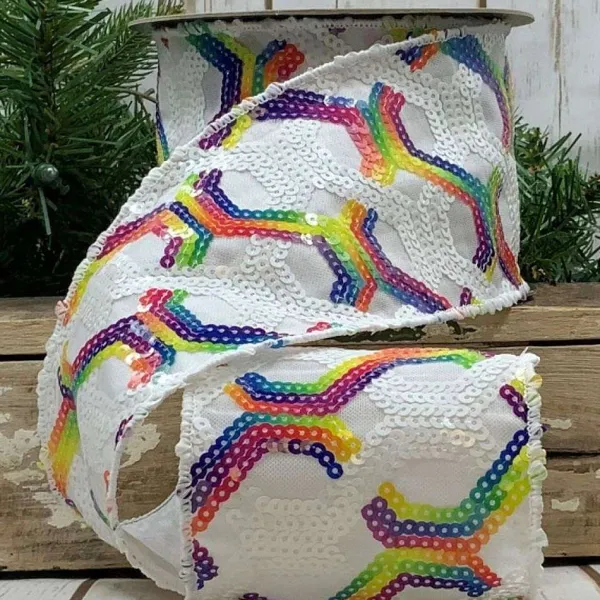 Ribbon^D. Stevens Colorful Sequins On White Sheer Ribbon, 4" X 10Yd