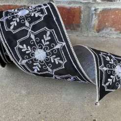 Ribbon^D. Stevens Faux Dupion Filigree Design In White And Black, 4" X 10Yd.