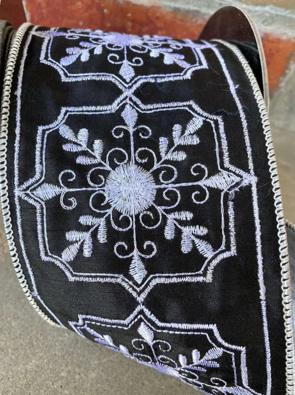 Ribbon^D. Stevens Faux Dupion Filigree Design In White And Black, 4" X 10Yd.