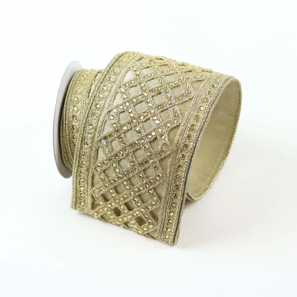 Ribbon^Farrisilk Gold Jewel Lattice Ribbon, 4" X 5Yd