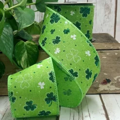 St. Patrick's Day^D. Stevens Green Glitter Shamrock On Green Ribbon, 2.5" X 10Yd