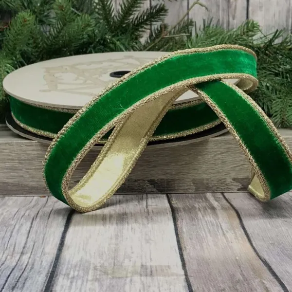 Mardi Gras^D. Stevens Green Velvet Glitter Gold Trim Ribbon, 1" X 10Yd