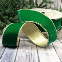 Ribbon^D. Stevens Green Velvet Glitter Gold Trim Ribbon, 4" X 10Yd