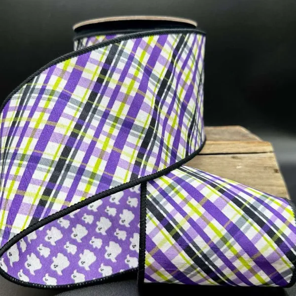 Ribbon^D. Stevens Halloween Purple Plaid With Ghost Ribbon, 4" X 10Yd