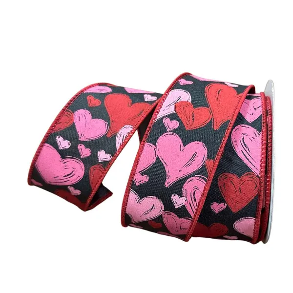 Ribbon^Craig Bachman Hand Drawn Hearts On Black Ribbon, 1.5"X10Yd