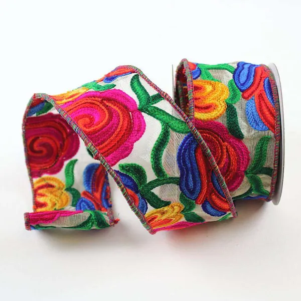 Spring Ribbon^Farrisilk Hand Embroidered Folk Art Floral Ribbon 4"X10Yd