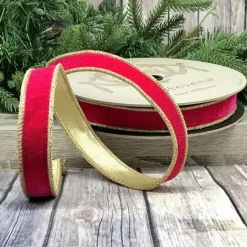 Ribbon^D. Stevens Hot Pink Velvet Glitter Gold Trim Ribbon, 1" X 10Yd