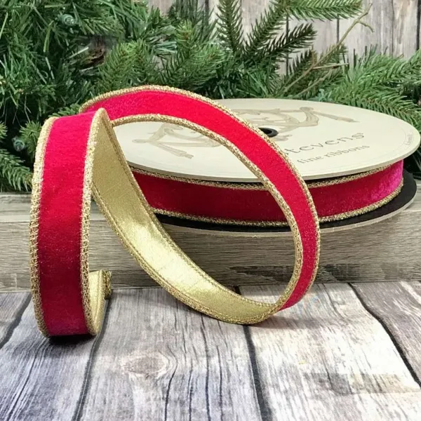 Ribbon^D. Stevens Hot Pink Velvet Glitter Gold Trim Ribbon, 1" X 10Yd