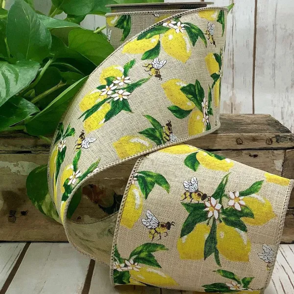 Ribbon^D. Stevens Lemon And Bees On Tan Ribbon 4"X10Yds