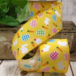 Ribbon^D. Stevens Multi Plaid Eggs And Bunnies On Yellow Ribbon, 2.5" X 10Yd