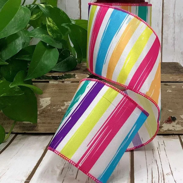 Spring Ribbon^D. Stevens Multicolored And White Striped With Pink Piped Ribbon 4"X10Yds