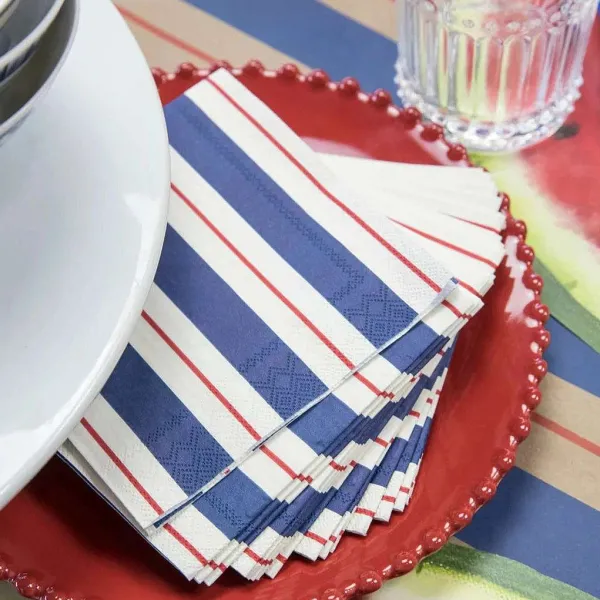 Party Diy^Hester & Cook Navy & Red Awning Stripe Cocktail Napkin Set
