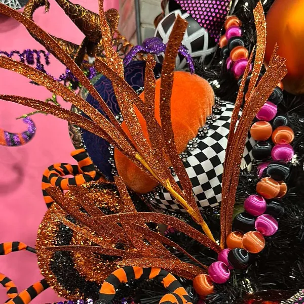 Floral^Craig Bachman Orange Glittered Paper Grass Spray