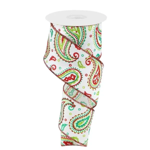 Ribbon^Craig Bachman Paisley In White, Lime, Red And Emerald, 2.5"X10Yd.