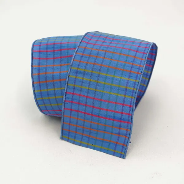Ribbon^Farrisilk Pastel Checks On Periwinkle Burlap 4"X10Yd