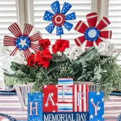 Pot Stakes^The Round Top Collection Patriotic Ribbon Flowers