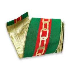 Ribbon^Farrisilk Red And Green Chic Chain Ribbon, 4" X 10Yd