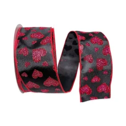 Ribbon^Reliant Ribbon Red And Pink Glitter Hearts On Black Ribbon - 2.5"X10Yd