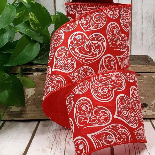 Ribbon^D. Stevens Red And White Bandana Heart Ribbon 4" X 10Yds