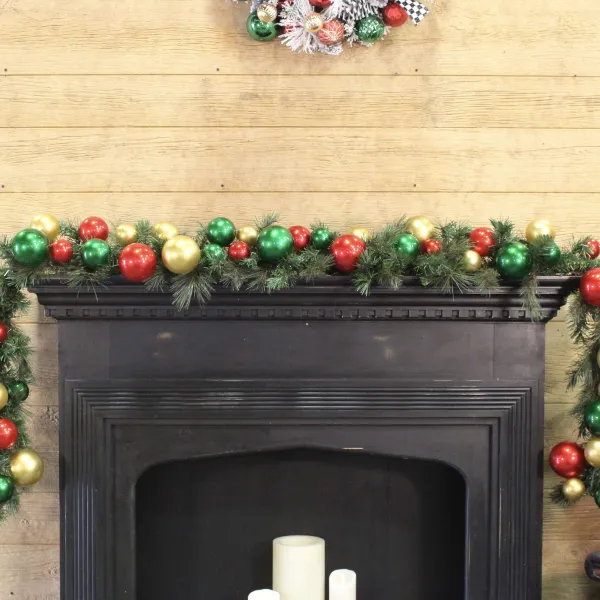 Garlands^Farrisilk Red, Gold & Emerald Green Ball Garland, 10'