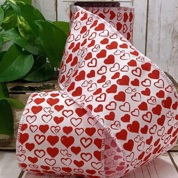 Ribbon^D. Stevens Red Heart Doodles On White Ribbon, 4" X 10Yd