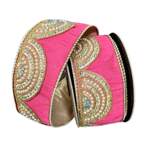 Ribbon^D. Stevens Scallop Iridescent Pearl Trim Pink And Gold Ribbon, 2.5" X 5Yd