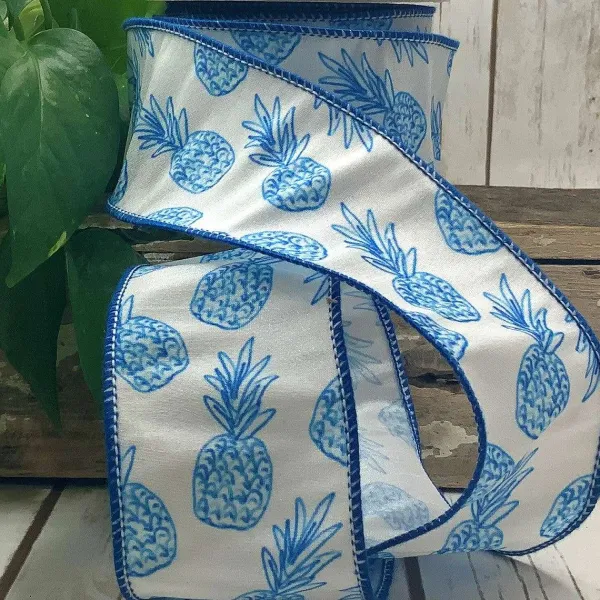 Ribbon^D. Stevens Sketch Blue Pineapple On White 2.5"X10Yds