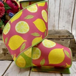 Spring^D. Stevens Sliced Lemons Pink Ribbon, 4" X 10Yd