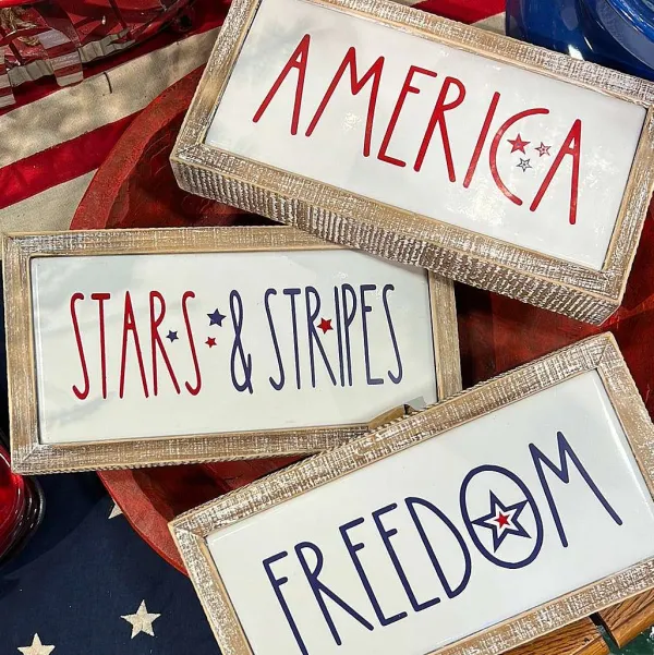 Table Decor^Transpac Stars And Stripes Wood Frame Metal Block