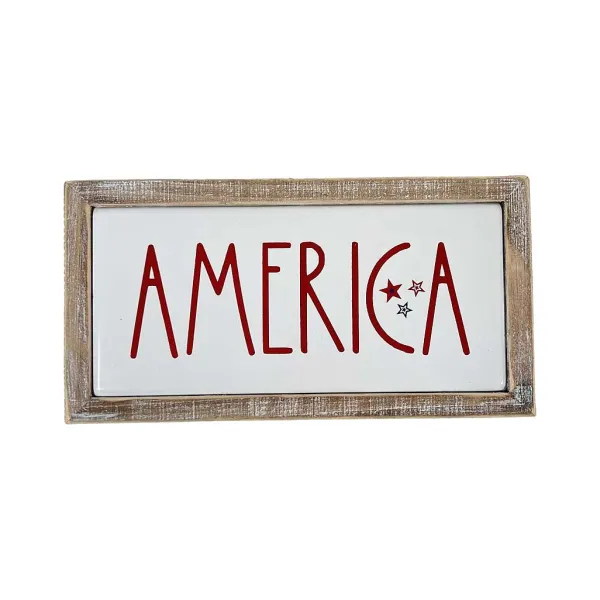 Table Decor^Transpac Stars And Stripes Wood Frame Metal Block