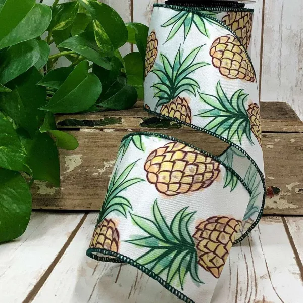Ribbon^D. Stevens Tropical Pineapple On White Ribbon 4"X10Yds
