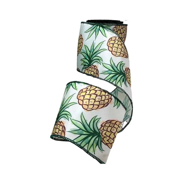 Ribbon^D. Stevens Tropical Pineapple On White Ribbon 4"X10Yds