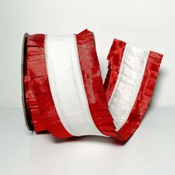Ribbon^Farrisilk White And Red Ruffle Back Ribbon, 4" X 10Yd