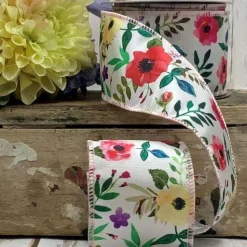 Spring Ribbon^D. Stevens White Poppy Laurel Ribbon, 2.5" X 10Yd